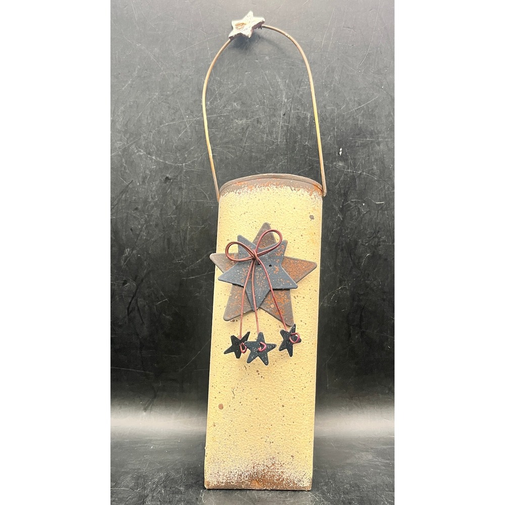 Rustic Primitive Metal Wall Pocket Hanging Cone Vase Distressed Star Tan 10"